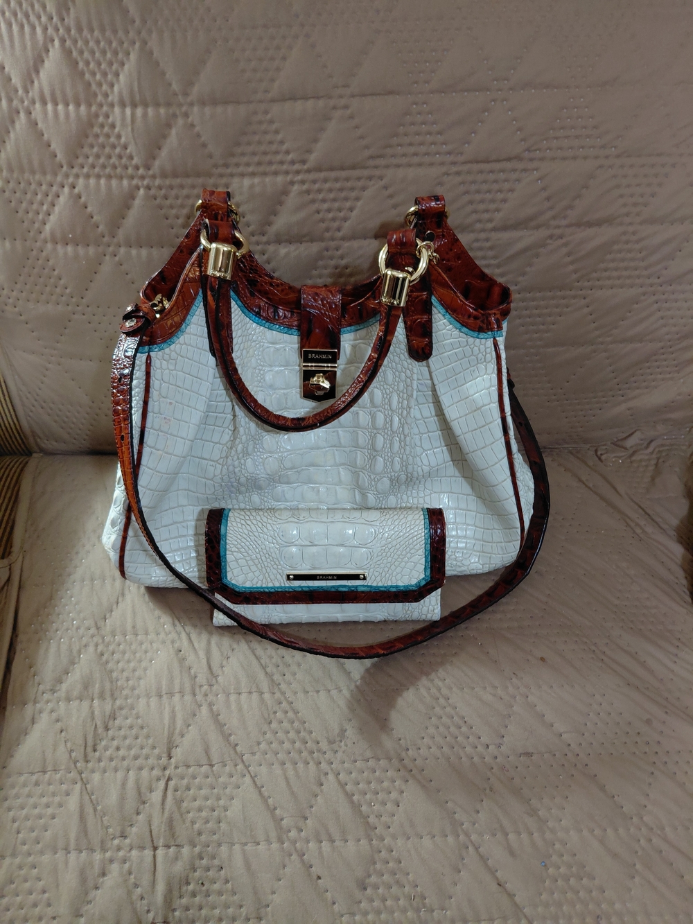 Brahmin White Croc-Embossed Tote with Brown Trim and Wallet - Picture 3 of 9